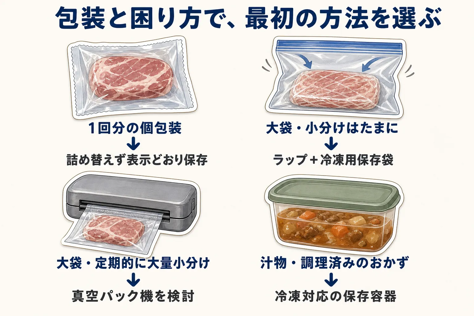 包装と困り方で選ぶ最初の保存方法。1回分の個包装は詰め替えず表示どおり保存、大袋で小分けがたまにならラップと冷凍用保存袋、大袋を定期的に大量小分けするなら真空パック機、汁物や調理済みのおかずは冷凍対応の保存容器を選ぶ