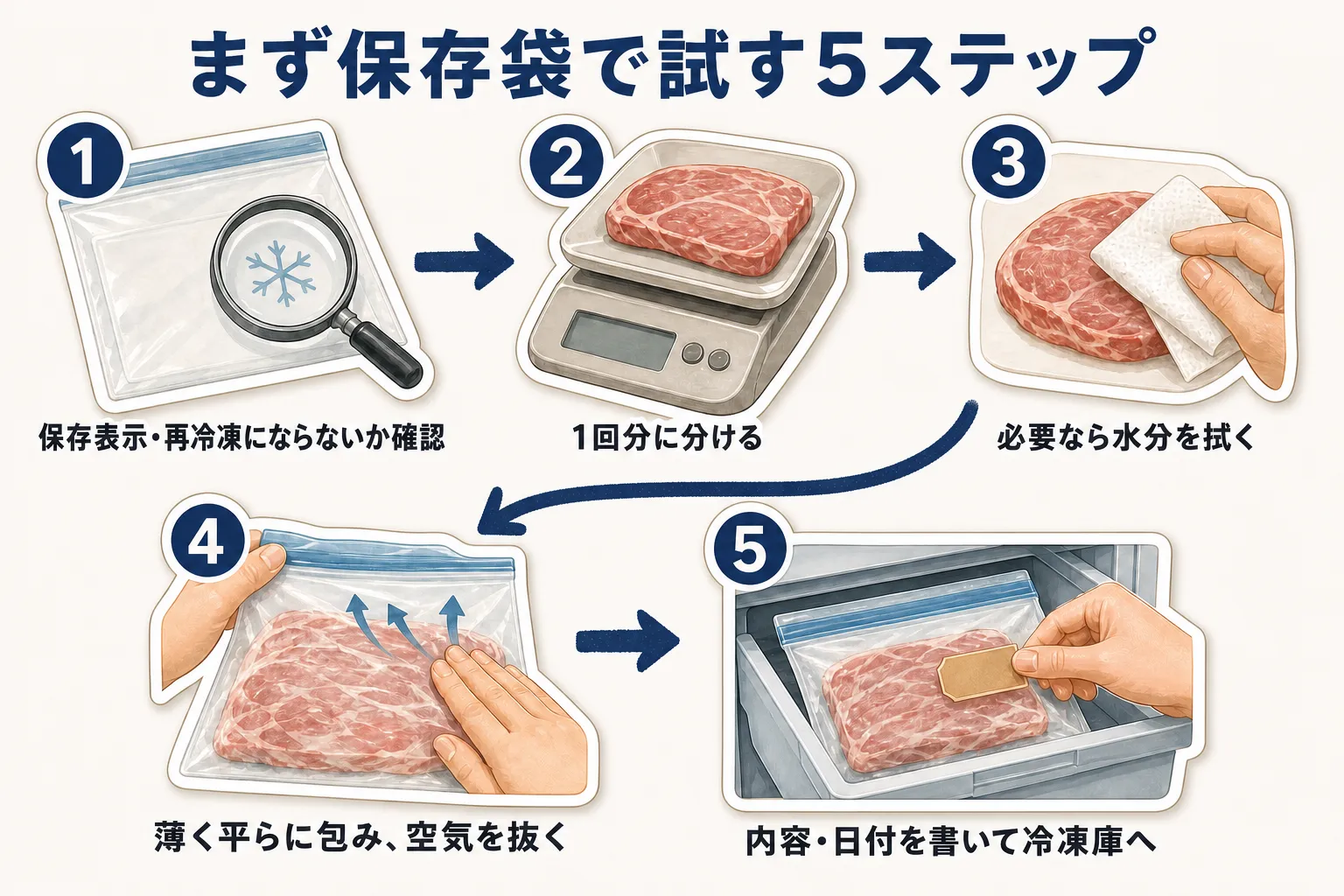 保存袋で試す5ステップ。保存表示と再冷凍にならないかを確認し、1回分に分け、必要なら水分を拭き、薄く平らに包んで空気を抜き、内容と日付を書いて冷凍庫へ入れる