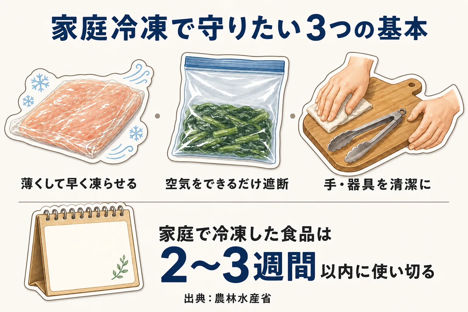 家庭冷凍で守りたい3つの基本。食材を薄くして早く凍らせ、空気をできるだけ遮断し、手と器具を清潔にする。家庭で冷凍した食品は2〜3週間以内に使い切る。出典：農林水産省