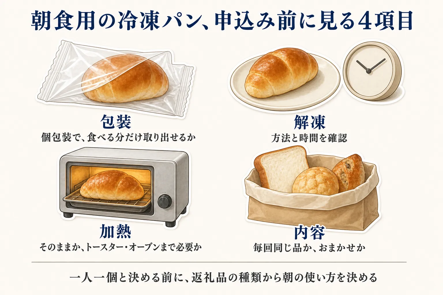 朝食用の冷凍パンを申し込む前に見る4項目を示す図。個包装で食べる分だけ取り出せるかという包装、解凍の方法と時間、そのまま食べられるかトースターやオーブンが必要かという加熱、毎回同じ品かおまかせかという内容を確認する