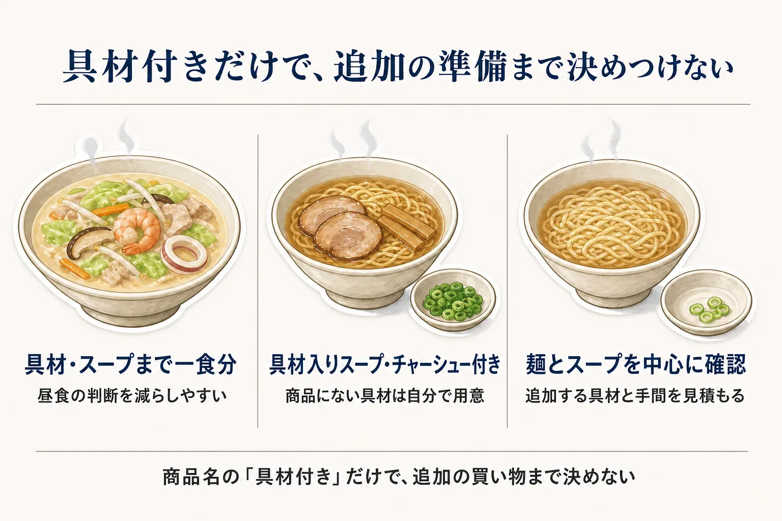 具材とスープまで一食分そろうちゃんぽん、チャーシューやメンマ入りスープのラーメン、麺とスープを中心に追加具材を自分で用意するラーメンの3種類を並べ、商品名の「具材付き」だけで追加の買い物まで決めつけないことを示す図