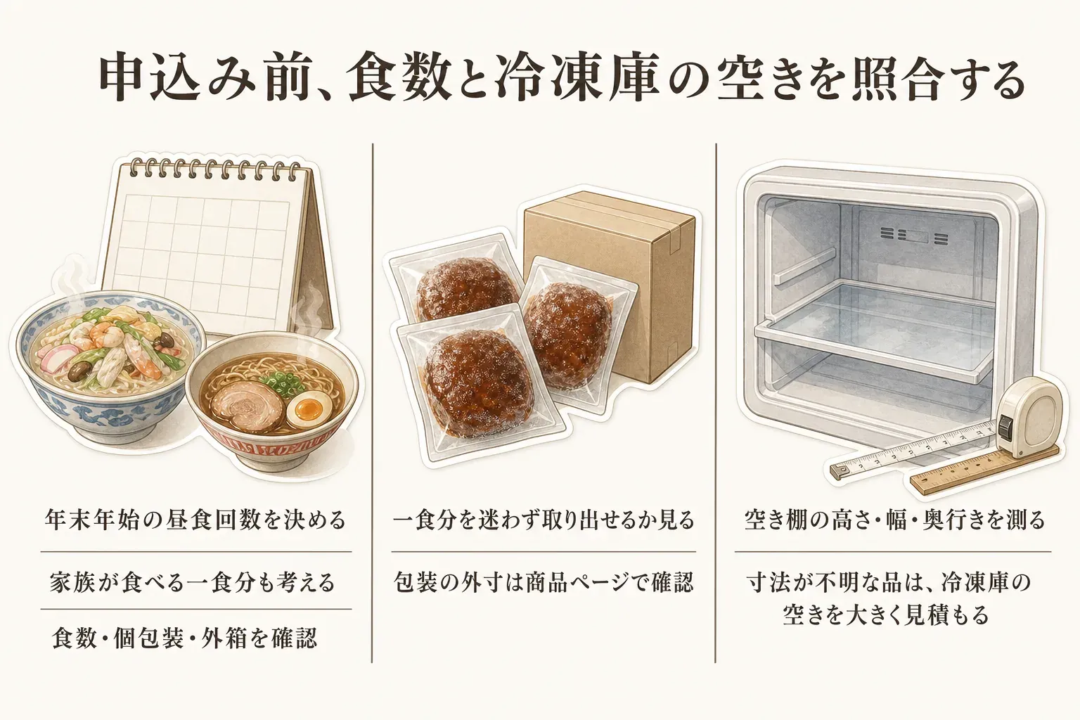 年末年始の昼食回数と家族が食べる一食分を決め、食数・個包装・外箱を確認して一食分を取り出せるかを見たうえで、冷凍庫の空き棚の高さ・幅・奥行きを測る申込み前チェックを示す図