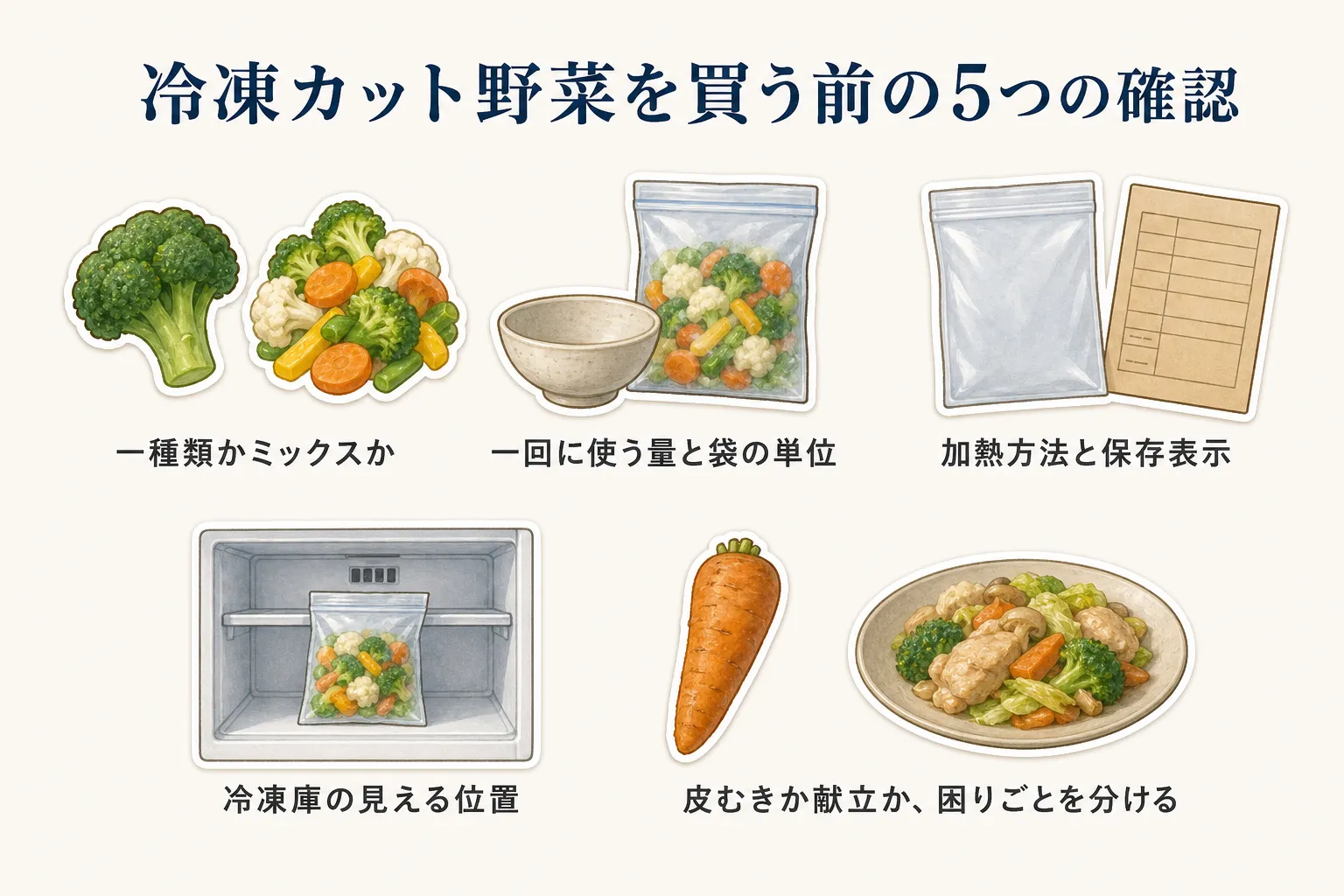 冷凍カット野菜を買う前の5つの確認として、一種類かミックスか、一回に使う量と袋の単位、加熱方法と保存表示、冷凍庫の見える位置、皮むきか献立か困りごとを分けることを示した図