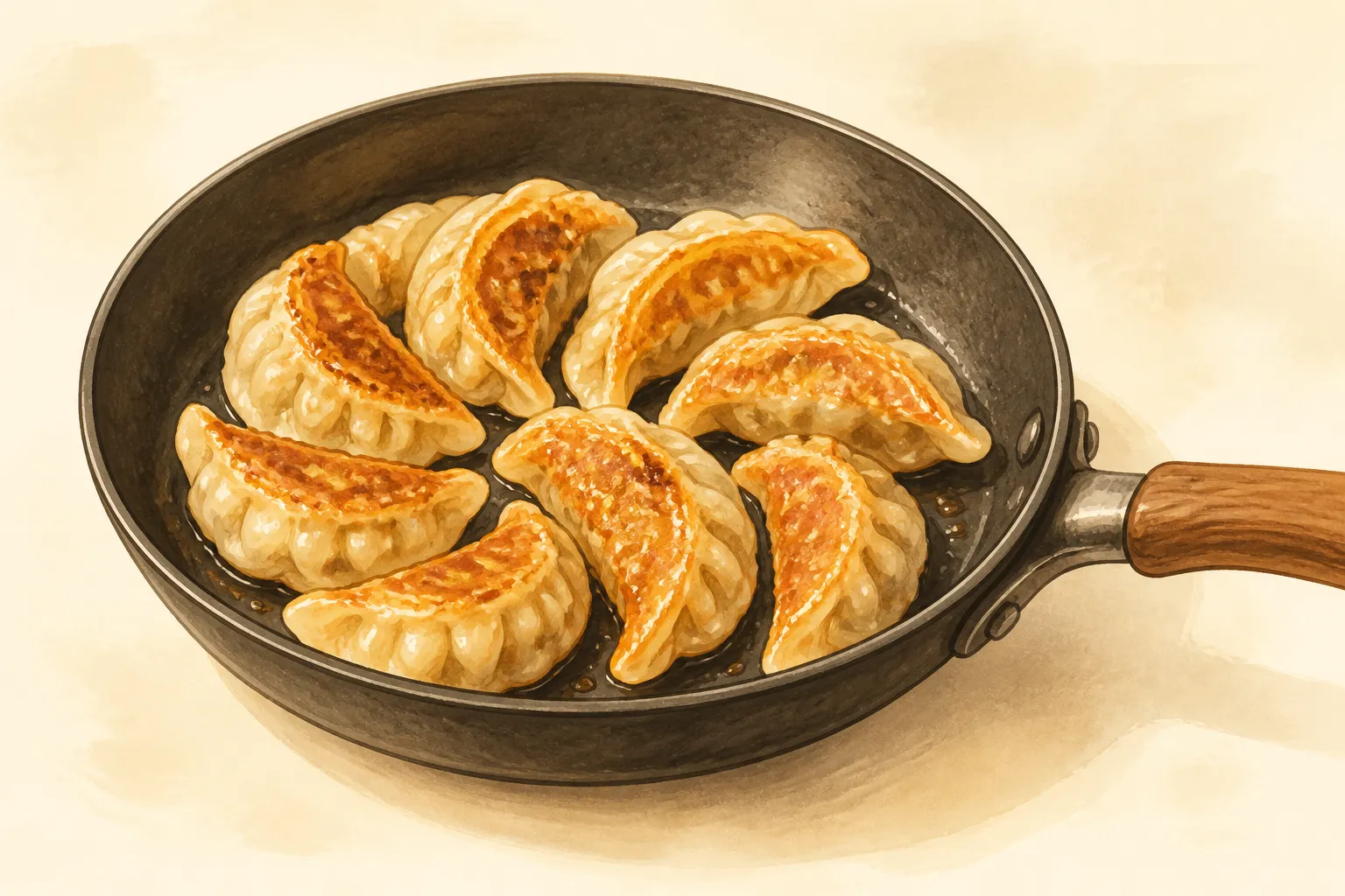 こんがり焼いた餃子が並ぶフライパンを描いた図。冷凍餃子でも焼く工程とフライパンの片付けが残ることを示す