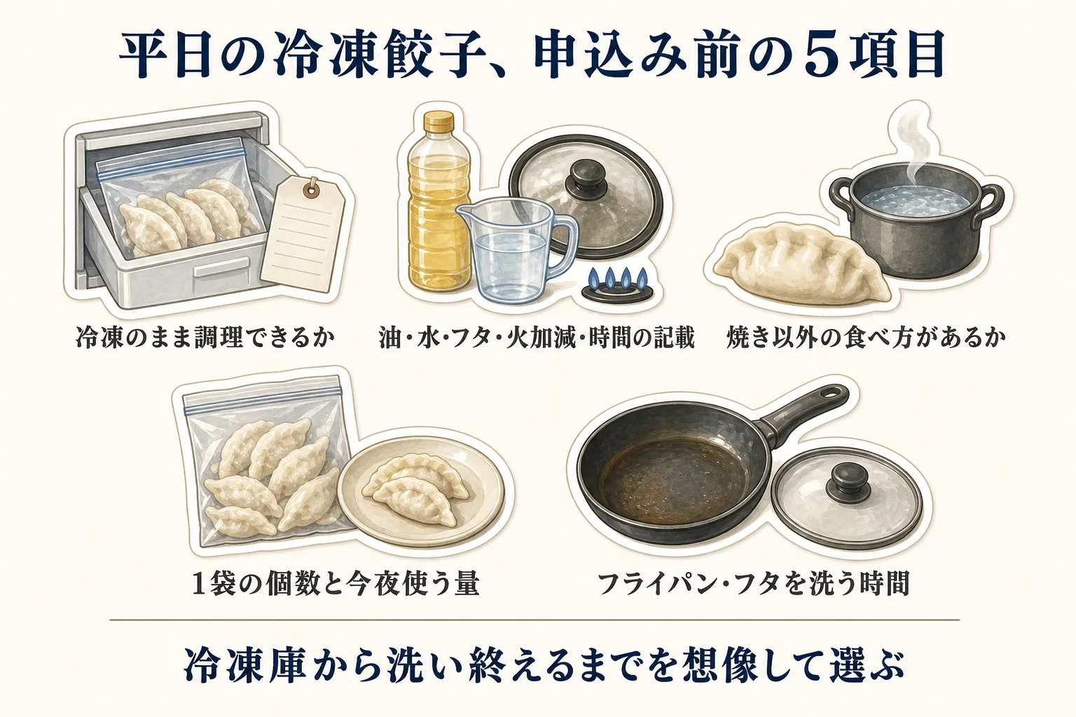 平日用の冷凍餃子を申し込む前の5項目。冷凍のまま調理できるか、油・水・フタ・火加減・時間の記載、焼き以外の食べ方、1袋の個数と今夜使う量、フライパンとフタを洗う時間を確認し、冷凍庫から洗い終えるまでを想像して選ぶ図