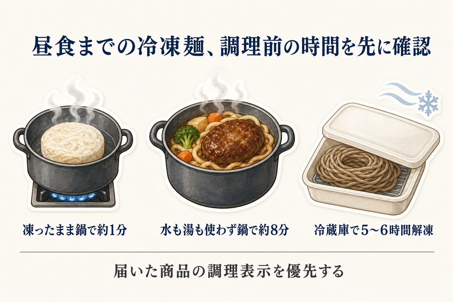 昼食までの冷凍麺の準備時間を示す図。凍ったまま鍋で約1分、水も湯も使わず鍋で約8分、冷蔵庫で5〜6時間解凍の3通りを並べ、届いた商品の調理表示を優先することを示す