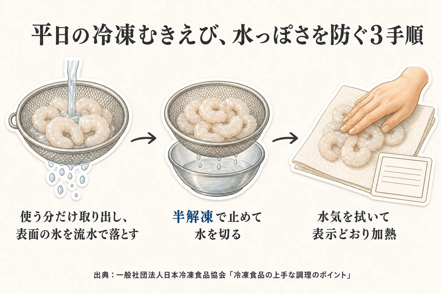 平日の冷凍むきえびを水っぽくしにくくする3手順。使う分だけ取り出して表面の氷を流水で落とし、半解凍で止めて水を切り、水気を拭いて表示どおり加熱する流れ。出典：一般社団法人日本冷凍食品協会「冷凍食品の上手な調理のポイント」