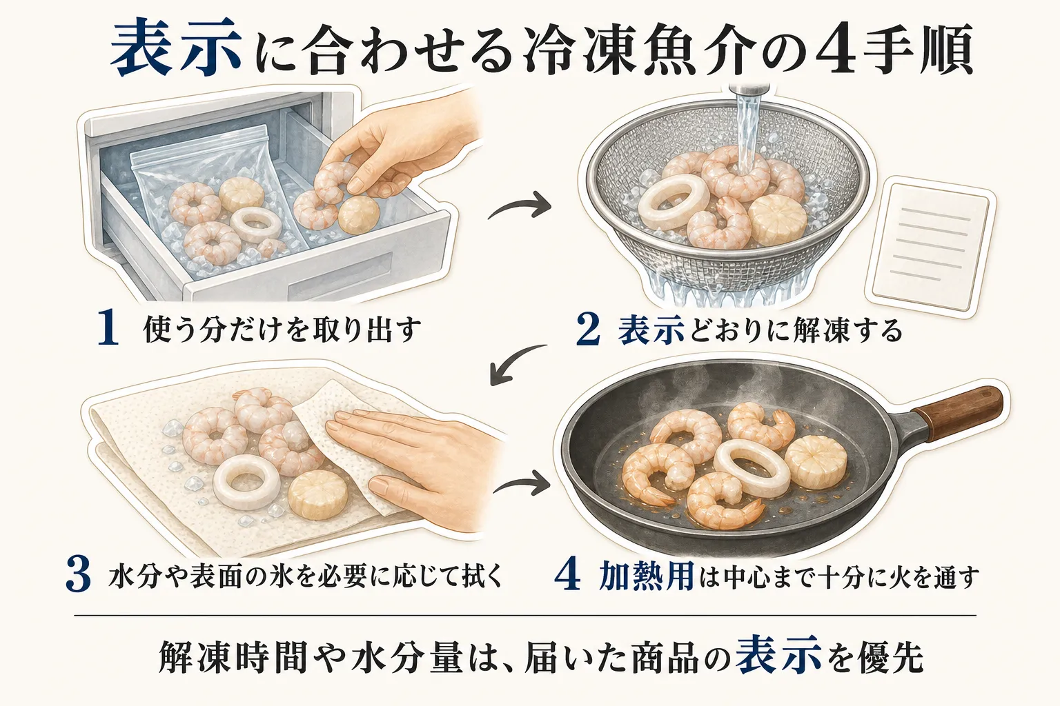 冷凍魚介を表示に合わせて扱う4手順を示す図。使う分だけを取り出す、商品表示どおりに解凍する、水分や表面の氷を必要に応じて拭く、加熱用は中心まで十分に火を通す流れと、解凍時間や水分量は届いた商品の表示を優先することを示している。出典：農林水産省「冷蔵庫のかしこい使い方～知ってお得な食品の保存～」