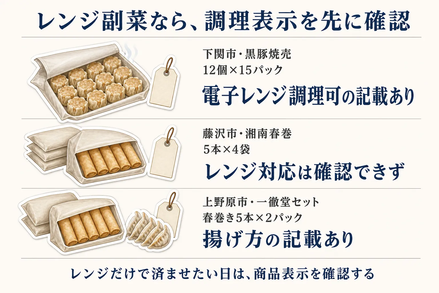 レンジ副菜の調理表示を比較した図。下関市の黒豚焼売は12個×15パックで電子レンジ調理可の記載があり、藤沢市の湘南春巻は5本×4袋でレンジ対応を確認できず、上野原市の一徹堂セットの春巻きは5本×2パックで揚げ方の記載があることを示す。出典：今回の指定JSON