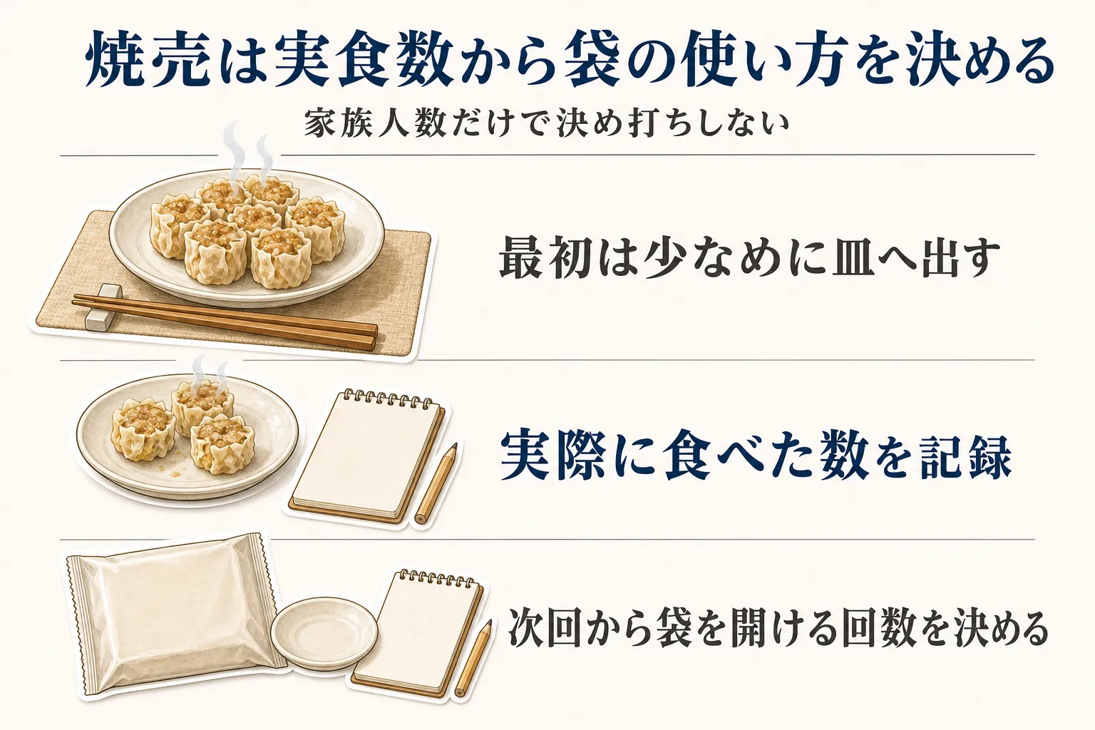 焼売の袋の使い方を決める流れを示す図。家族人数だけで決め打ちせず、最初は少なめに皿へ出し、実際に食べた数を記録して、次回から袋を開ける回数を決める手順を示す