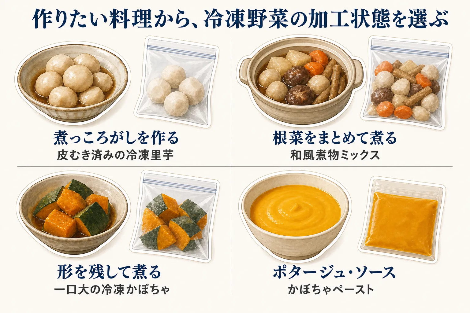 作りたい料理から冷凍野菜の加工状態を選ぶ図。煮っころがしには皮むき済み冷凍里芋、根菜をまとめて煮るなら和風煮物ミックス、形を残して煮るなら一口大冷凍かぼちゃ、ポタージュ・ソースにはかぼちゃペーストを対応させている