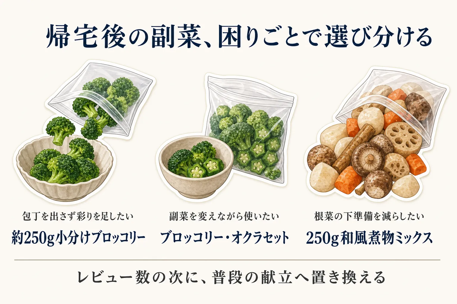 帰宅後の副菜を困りごとで選び分ける図。包丁を出さず彩りを足したい場合は約250g小分けブロッコリー、副菜を変えながら使いたい場合はブロッコリー・オクラセット、根菜の下準備を減らしたい場合は250g和風煮物ミックスを選ぶ目安を示す