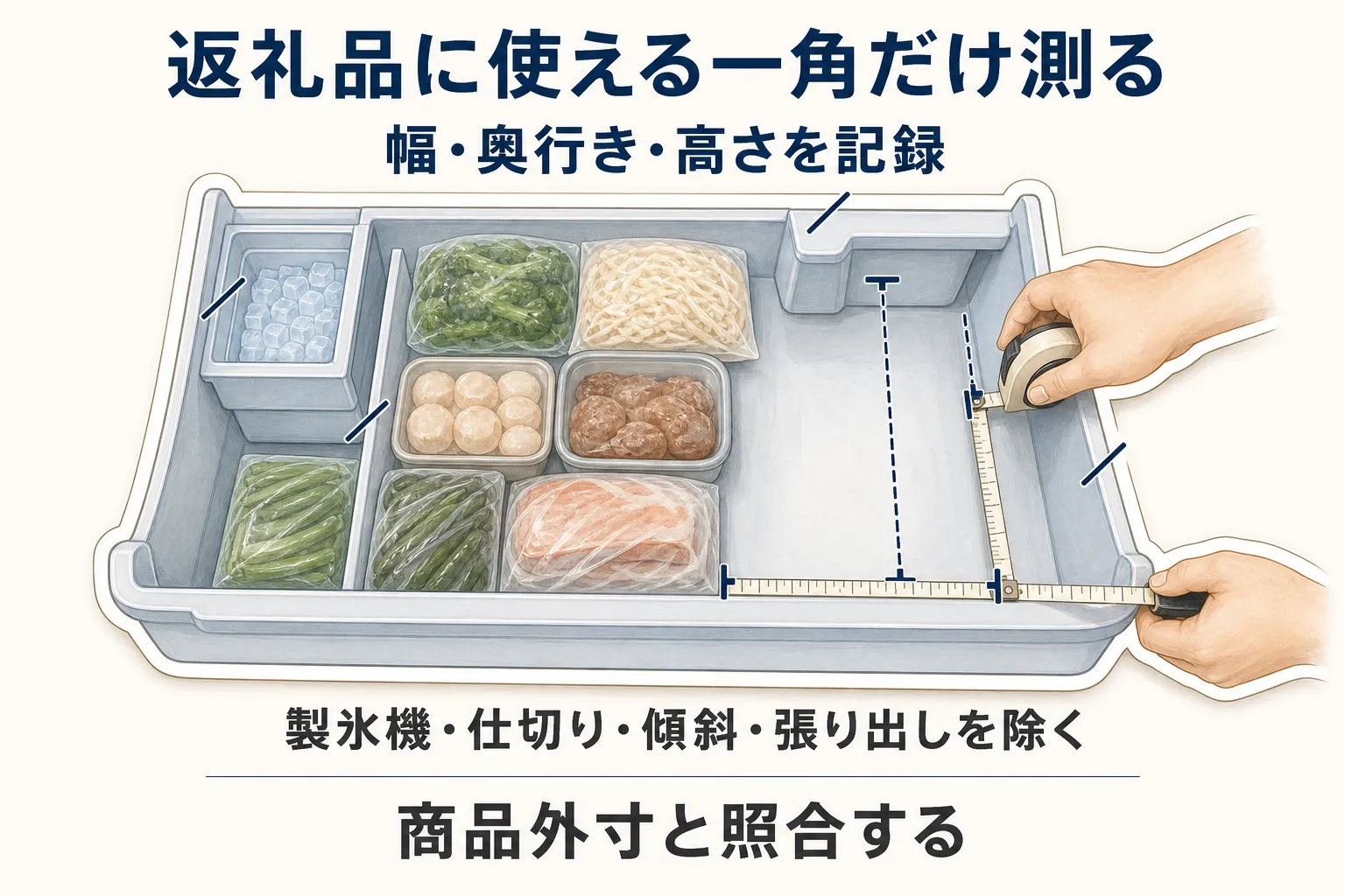 返礼品用に空けた冷凍庫の一角をメジャーで測り、幅・奥行き・高さを記録する図。製氷機、仕切り、傾斜、引き出しの張り出しを除き、商品外寸と照合することを示している