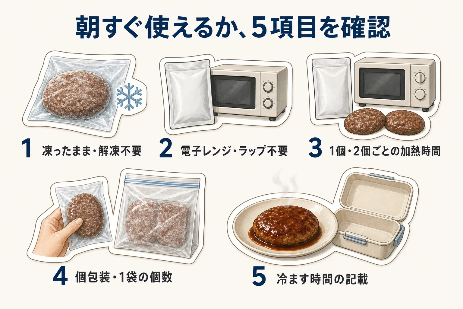 朝すぐ使える冷凍ハンバーグを選ぶための5確認項目。凍ったまま・解凍不要か、電子レンジ・ラップ不要か、1個・2個ごとの加熱時間、個包装または1袋の個数、加熱後に冷ます時間の記載を、冷凍ハンバーグ・電子レンジ・弁当箱のイラストで示す図