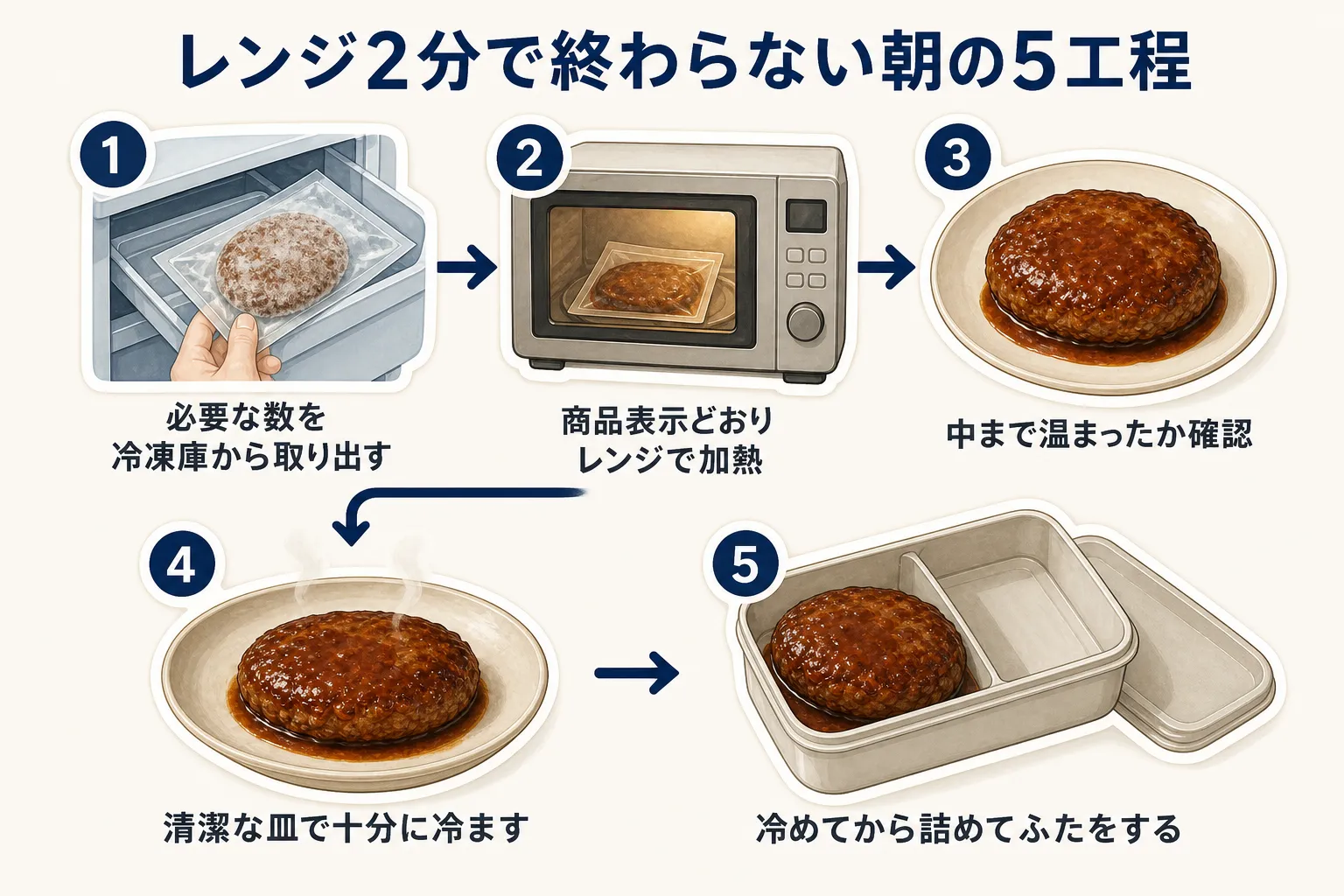 レンジ2分では終わらない弁当作りの朝の5工程。必要な数を冷凍庫から取り出し、商品表示どおり電子レンジで加熱し、中まで温まったか確認して、清潔な皿で十分に冷まし、冷めてから弁当箱に詰めてふたをする流れを示す図
