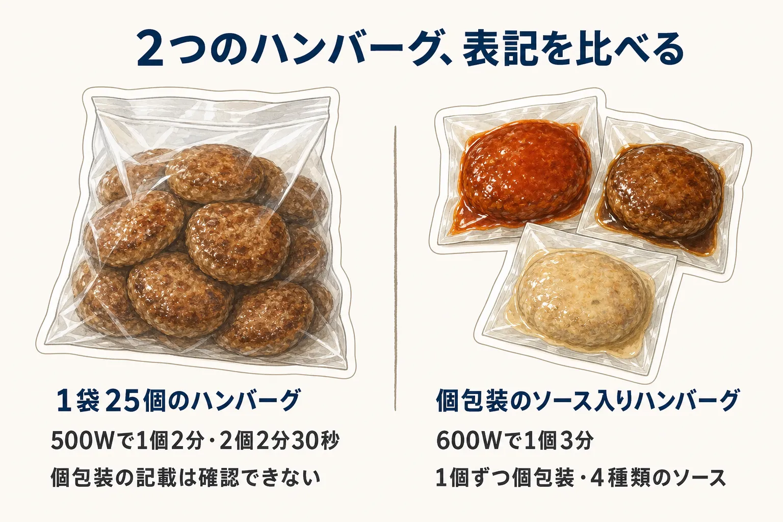弁当用に比較する2種類の冷凍ハンバーグ。左は1袋25個入りで500Wなら1個2分・2個2分30秒、個包装の記載は確認できない。右はソース入りの1個ずつ個包装で4種類のソースがあり、600Wで1個3分と示す図