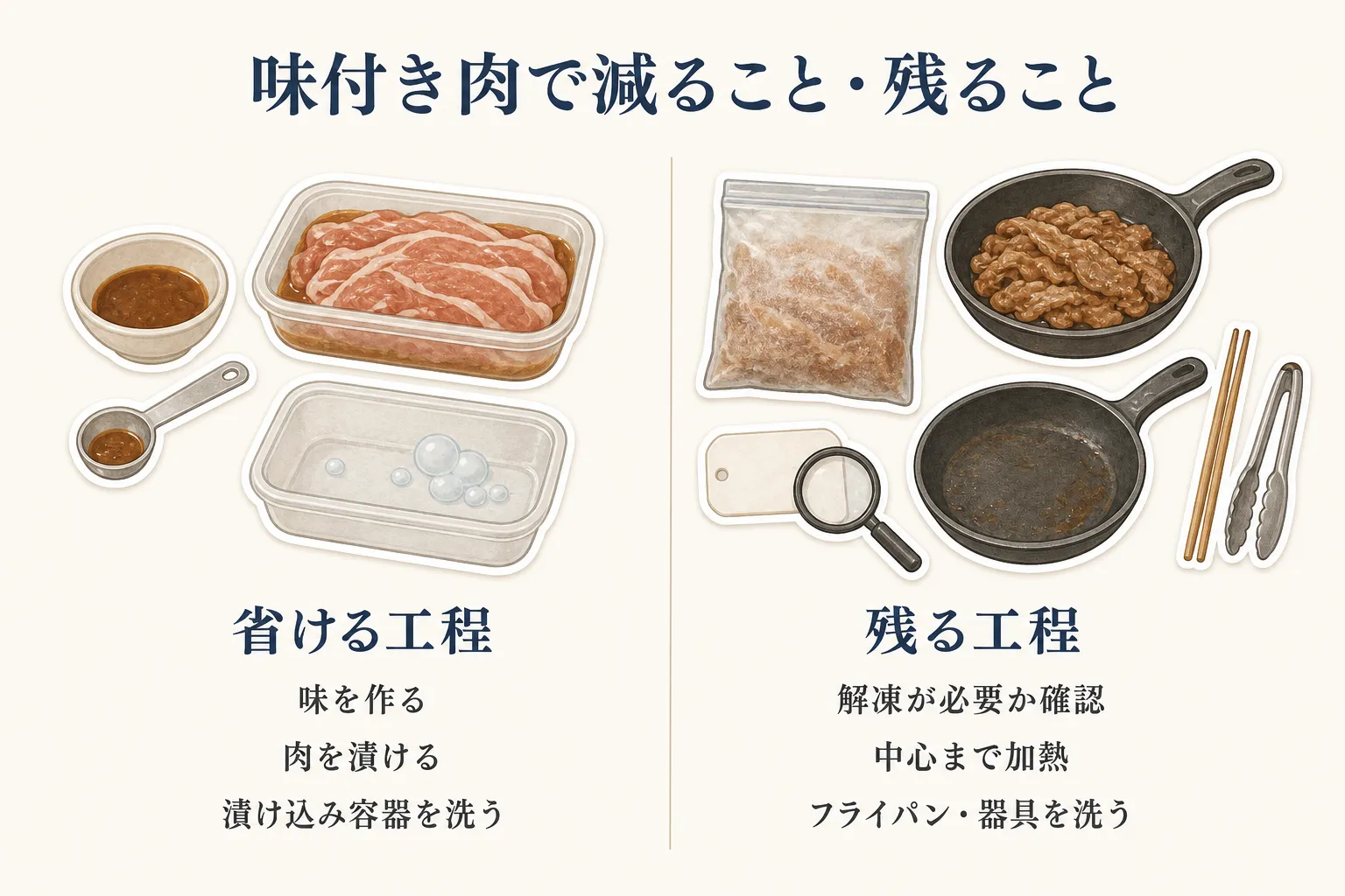 味付き肉で省ける工程として味を作る・肉を漬ける・漬け込み容器を洗うこと、残る工程として解凍の要否確認・中心までの加熱・フライパンと器具を洗うことを並べた図