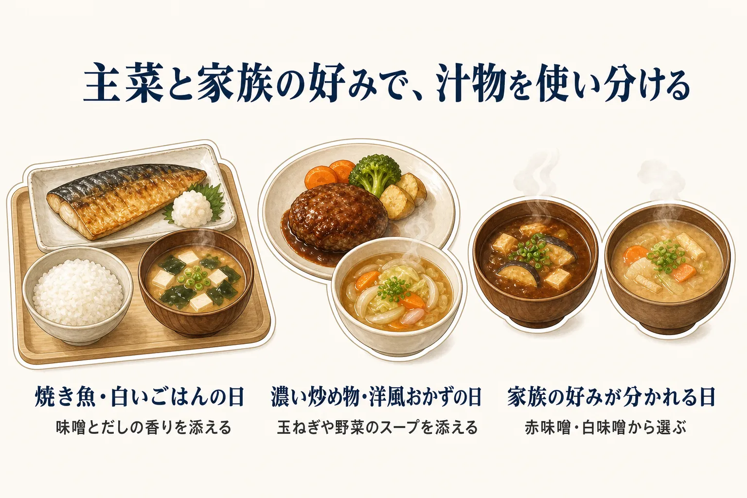 主菜と家族の好みで汁物を使い分ける図。焼き魚と白いごはんの日には味噌とだしの香りを添える味噌汁、濃い炒め物や洋風おかずの日には玉ねぎや野菜のスープ、家族の好みが分かれる日には赤味噌・白味噌から選ぶことを示している