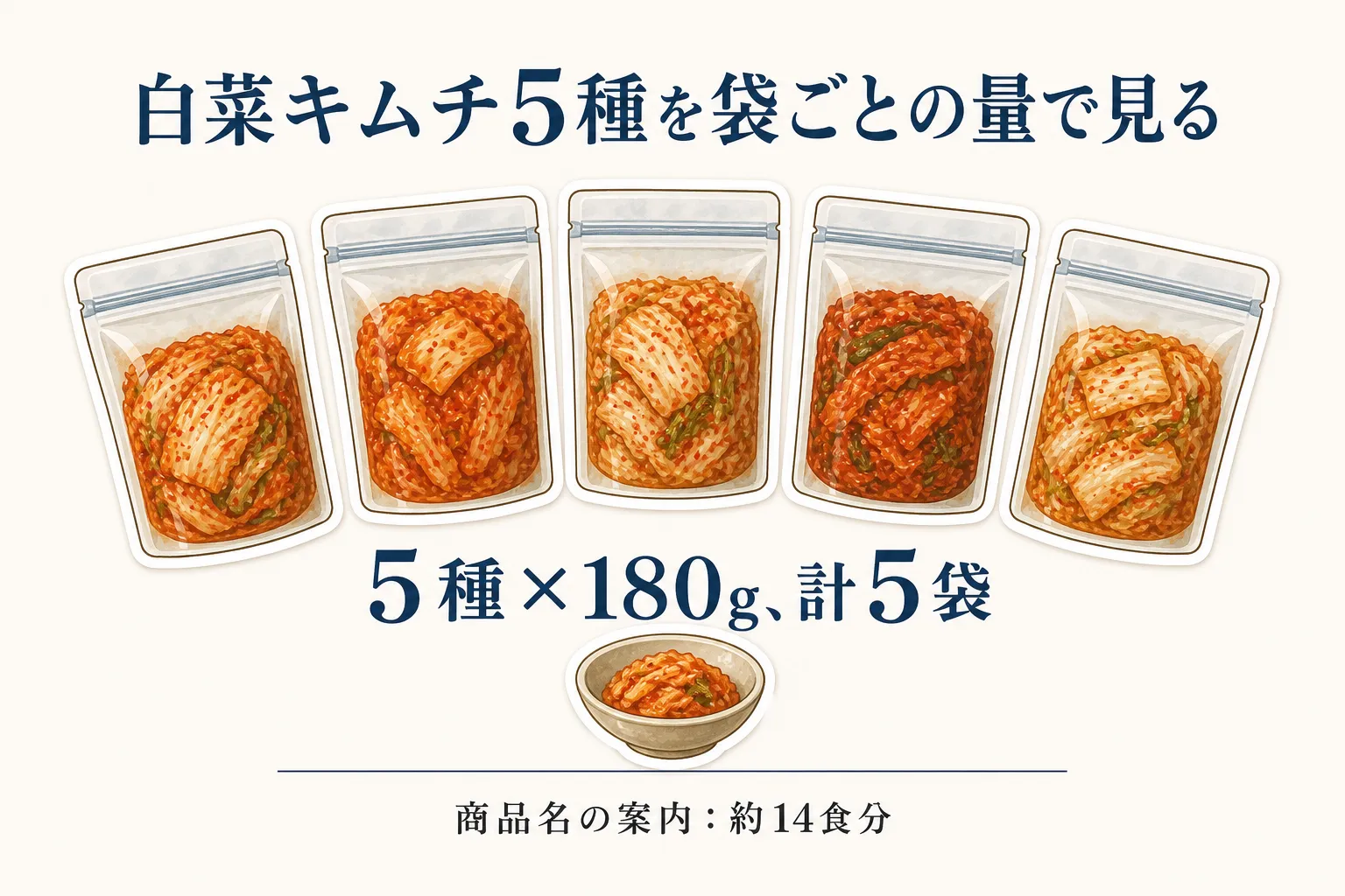 白菜キムチ5種を180gずつ5袋に分け、商品名の案内では約14食分とされていることを、5袋のキムチと器のイラストで示す図