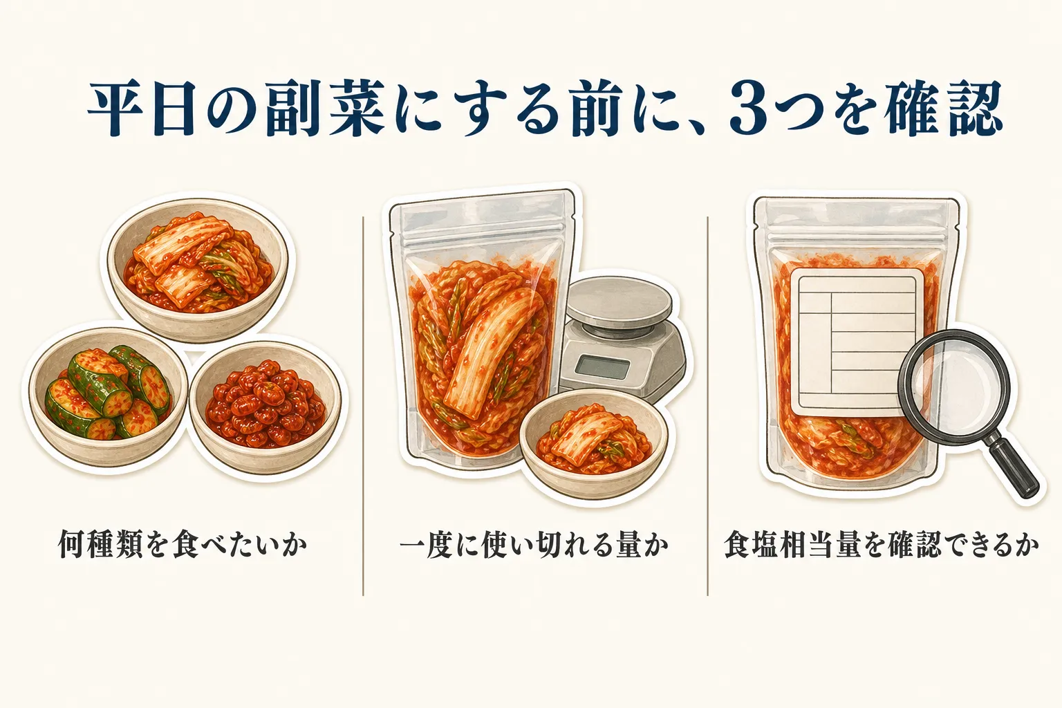 平日の副菜にキムチを選ぶ前に、何種類を食べたいか、一度に使い切れる量か、食塩相当量を確認できるかの3点を、キムチの器・袋・栄養成分表示のイラストで示す図