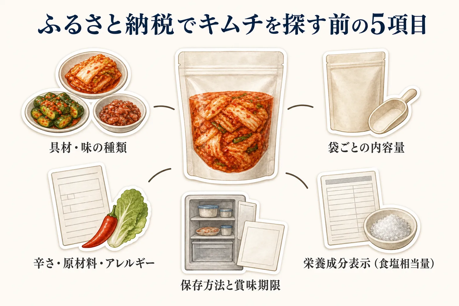 ふるさと納税でキムチを探す前に、具材・味の種類、袋ごとの内容量、辛さ・原材料・アレルギー、保存方法と賞味期限、栄養成分表示の食塩相当量の5項目を確認する図