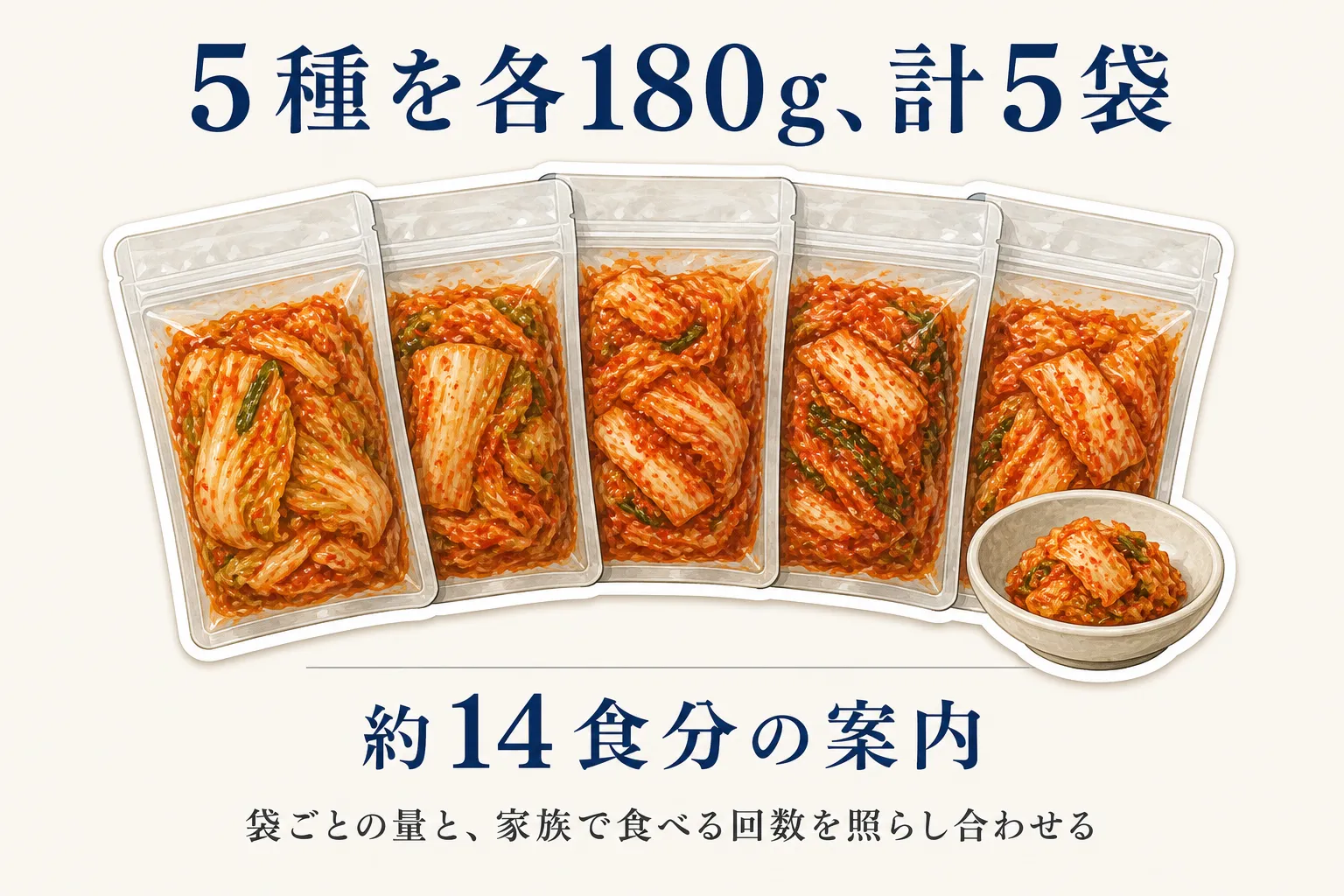 白菜キムチ5種を各180g、計5袋に分け、商品名では約14食分と案内されていることを、5つのチャック付き袋とキムチの器で示す図