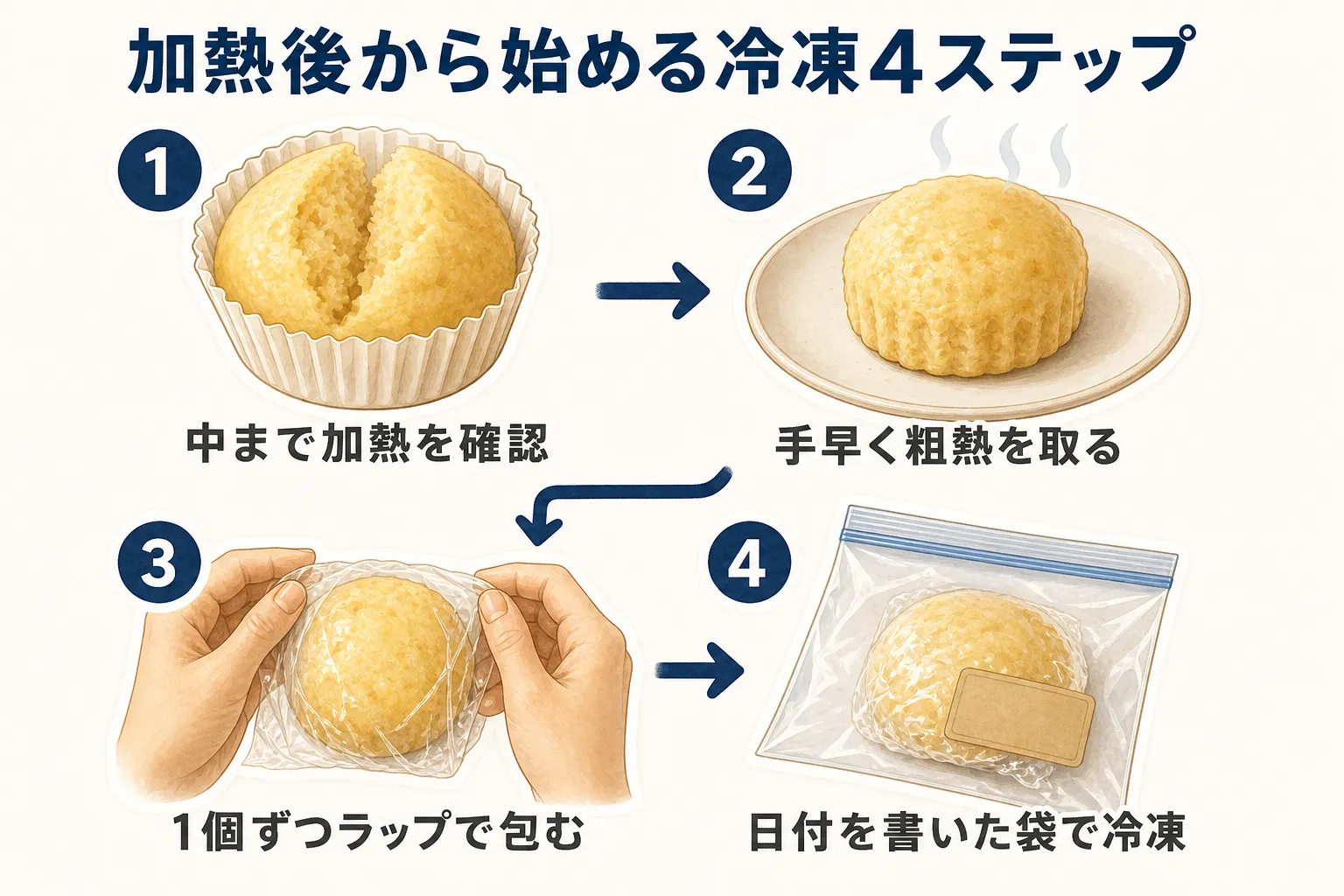 加熱後の蒸しパンを冷凍する4ステップ。中心まで加熱を確認し、手早く粗熱を取り、1個ずつラップで包み、日付を書いた冷凍用袋に入れる流れを示す図