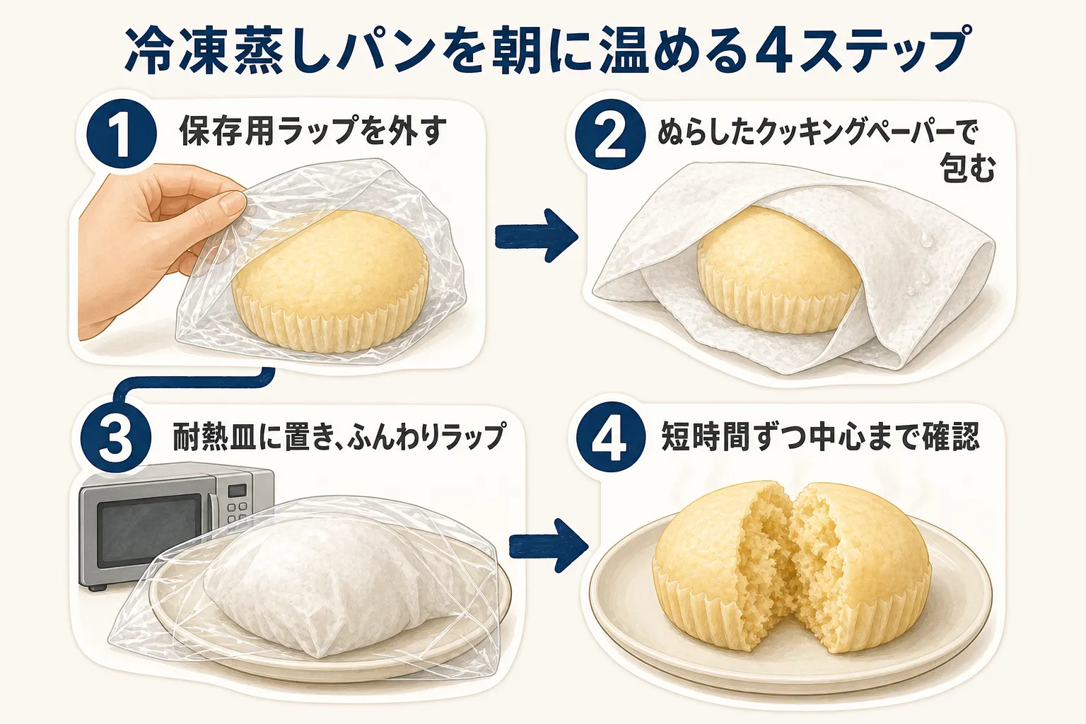 冷凍蒸しパンを朝に温める4ステップ。保存用ラップを外し、ぬらしたクッキングペーパーで包み、耐熱皿に置いてふんわりラップをかけ、短時間ずつ中心まで温まったか確認する流れを示す図。出典：和光市