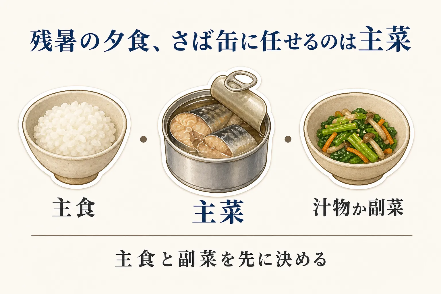 残暑の夕食では、ごはんなどの主食、さば缶が担う主菜、野菜の副菜または汁物を組み合わせ、主食と副菜を先に決めることを示す図