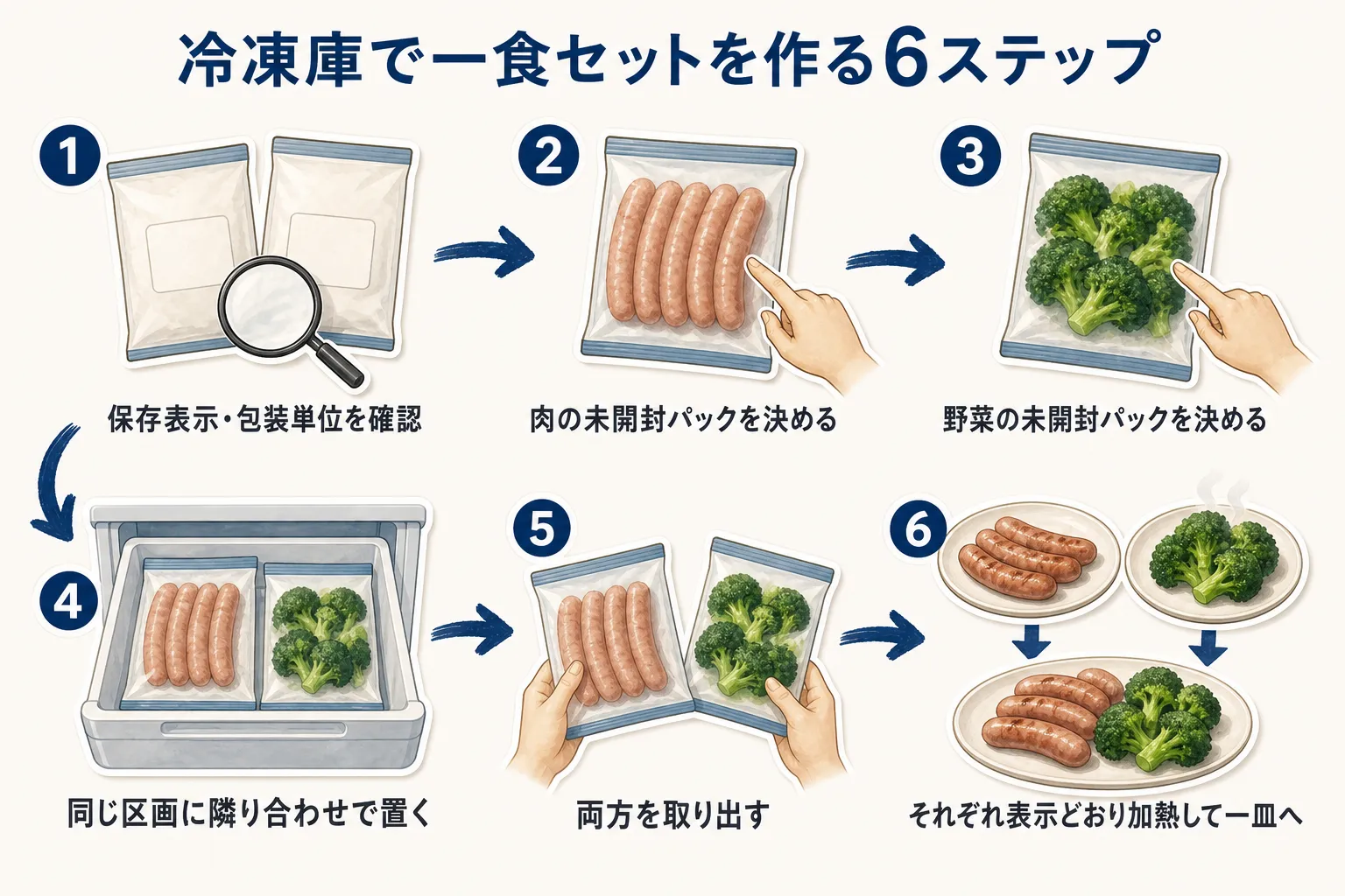 未開封の肉1パックと野菜1袋を選び、冷凍庫の同じ区画に隣り合わせで保管し、食べる日にそれぞれを表示どおりに加熱して一枚の皿に盛る、一食セットの6手順を示した図
