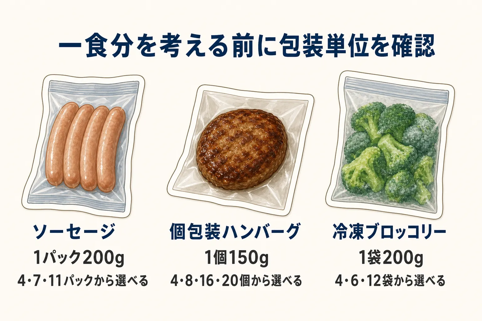 肉と野菜の返礼品を選ぶ際に確認する包装単位を示した図。肉は1袋または1個あたりの量、袋数・個数、個包装か大袋か、野菜は1袋あたりの量と袋数を確認し、肉と野菜を一食分として組み合わせる考え方を説明している