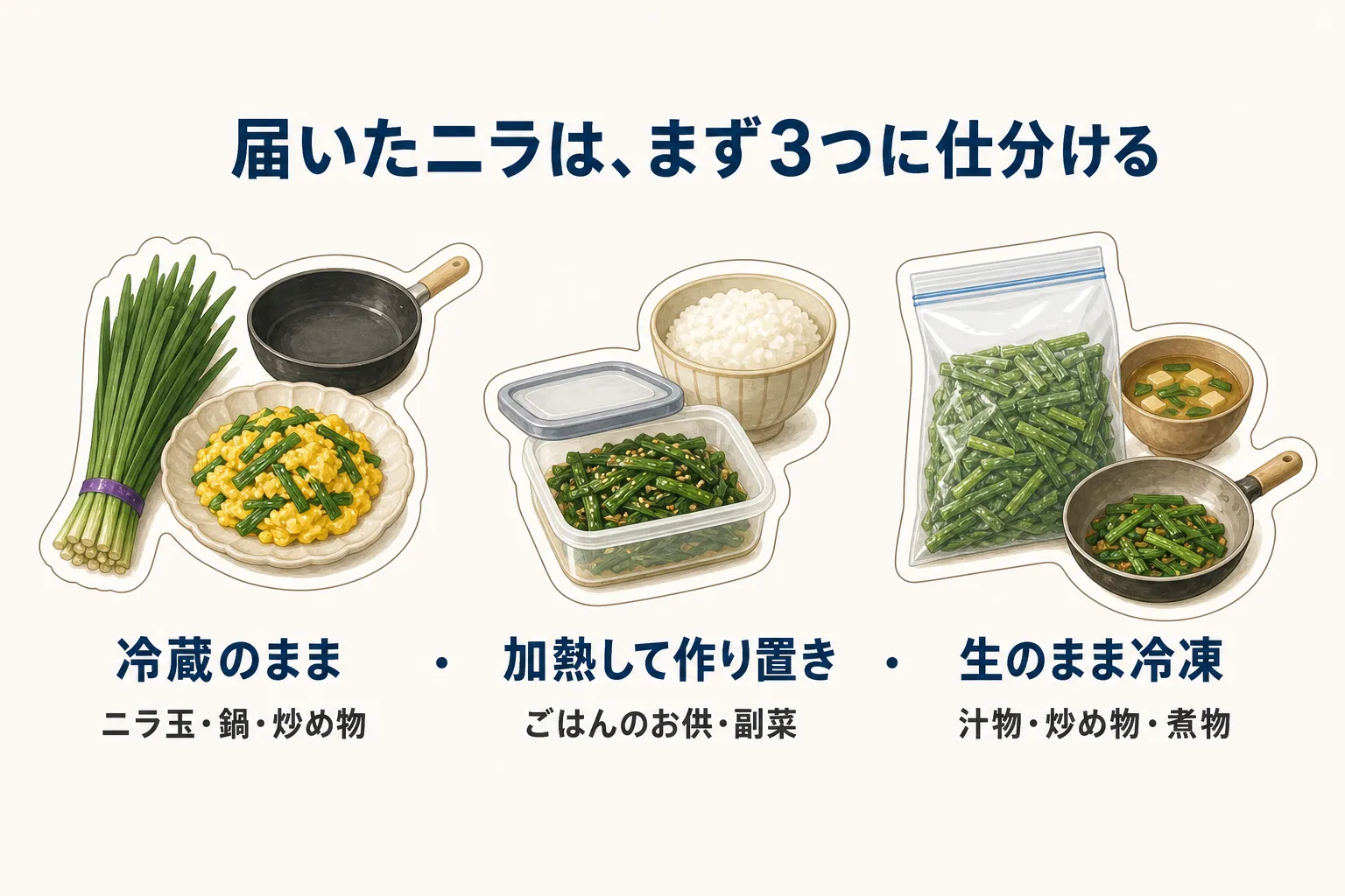 届いたニラを冷蔵のまま、加熱して作り置き、生のまま冷凍の3つに仕分ける図。冷蔵分はニラ玉・鍋・炒め物、作り置き分はごはんのお供・副菜、冷凍分は汁物・炒め物・煮物に使うことを示している