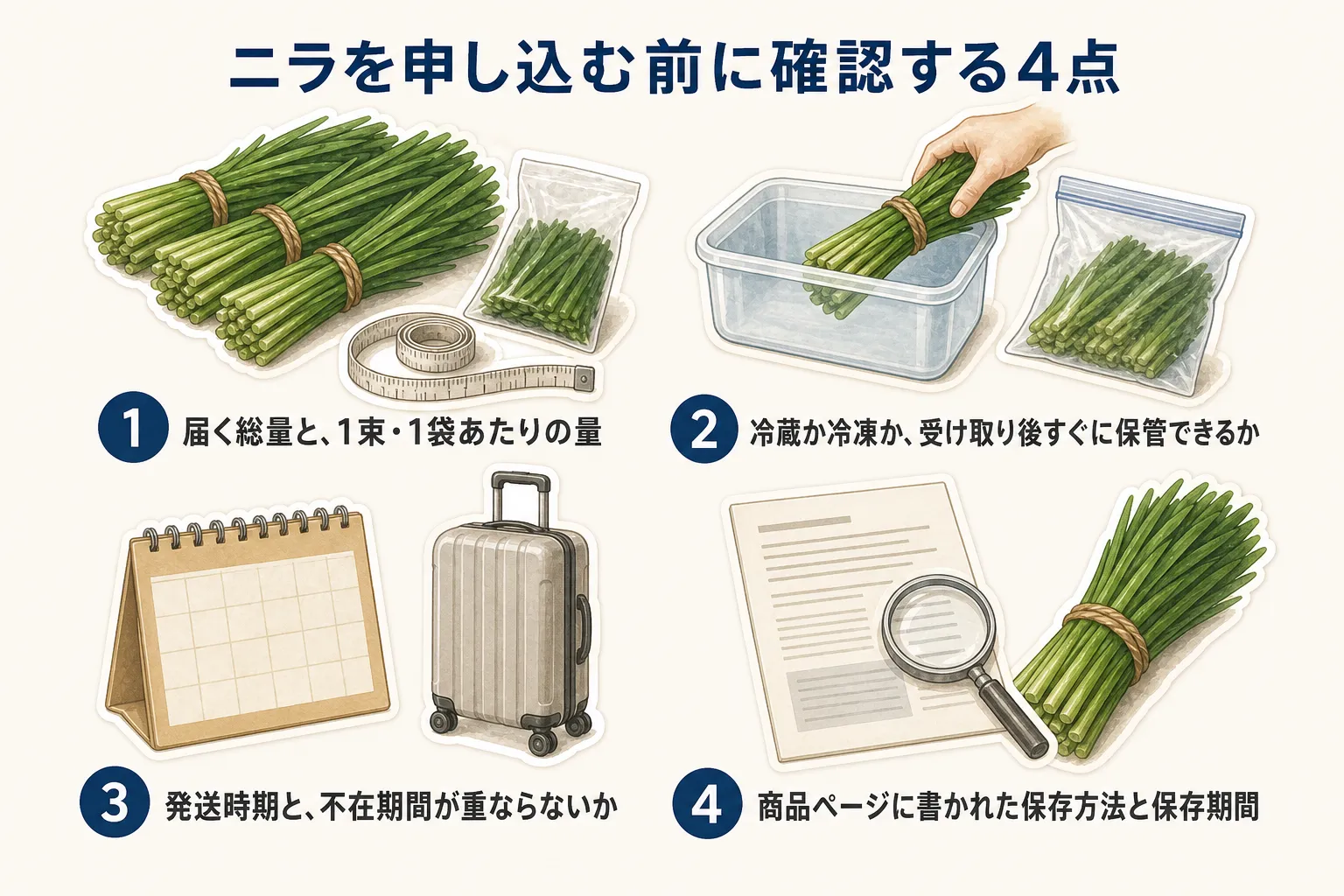 ニラの返礼品を申し込む前に確認する4点の図。届く総量と1束・1袋あたりの量、冷蔵か冷凍かと受け取り後すぐ保管できるか、発送時期と不在期間が重ならないか、商品ページに書かれた保存方法と保存期間を示している