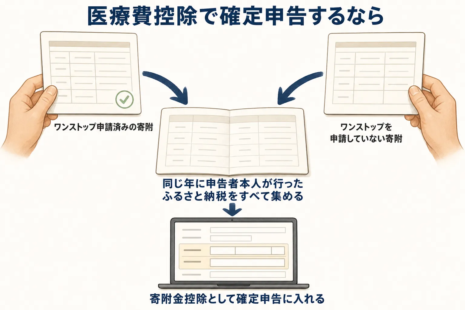 医療費控除で確定申告する場合、ワンストップ申請済みの寄附と未申請の寄附を分けず、同じ年に申告者本人が行ったふるさと納税をすべて集めて寄附金控除に入れる流れを示す図。出典：国税庁