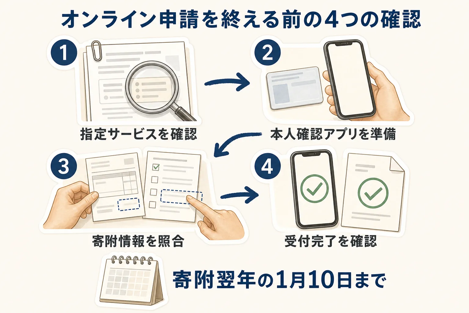 オンラインのワンストップ申請を終える前に、指定サービスの確認、本人確認アプリの準備、寄附情報の照合、受付完了の確認を行い、寄附翌年の1月10日までに申請する流れを示す図