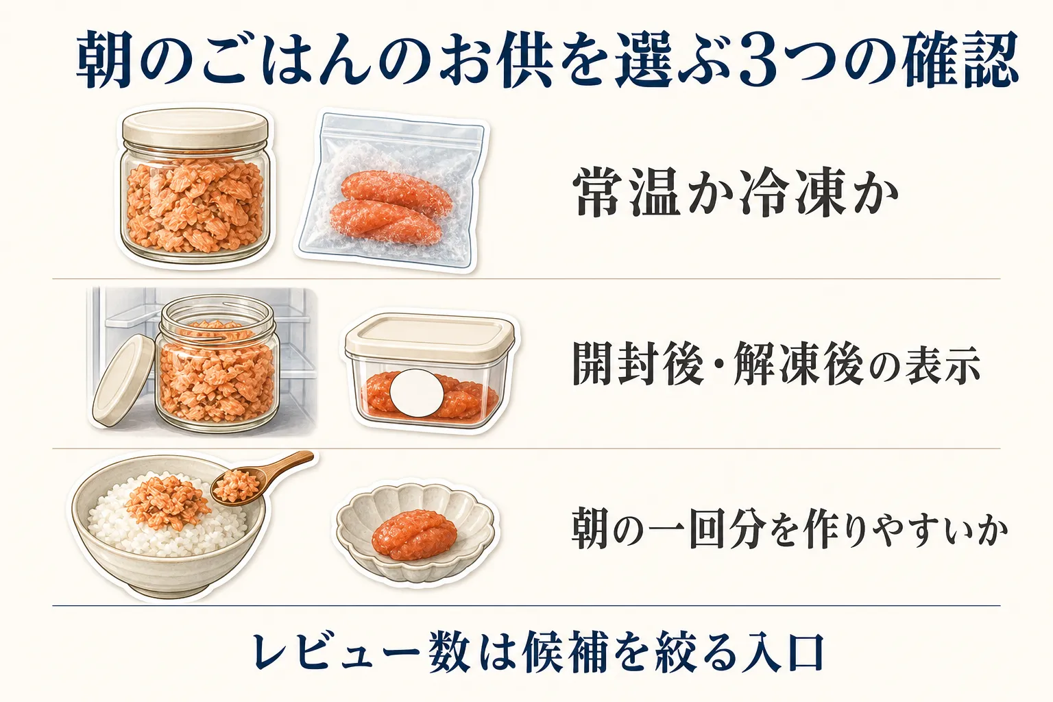 鮭フレークと冷凍の辛子明太子を例に、朝のごはんのお供を選ぶ際は常温か冷凍か、開封後・解凍後の表示、朝の一回分を作りやすいかの3点を確認し、レビュー数は候補を絞る入口とすることを示す図