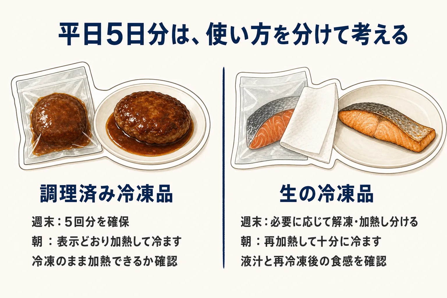 平日5日分の弁当おかずの使い方を、調理済み冷凍品と生の冷凍品で比較した図。調理済み冷凍品は週末に5回分を確保し、朝は表示どおり加熱して冷まし、冷凍のまま加熱できるかを確認する。生の冷凍品は週末に必要に応じて解凍・加熱して分け、朝は再加熱して十分に冷まし、液汁と再冷凍後の食感を確認する