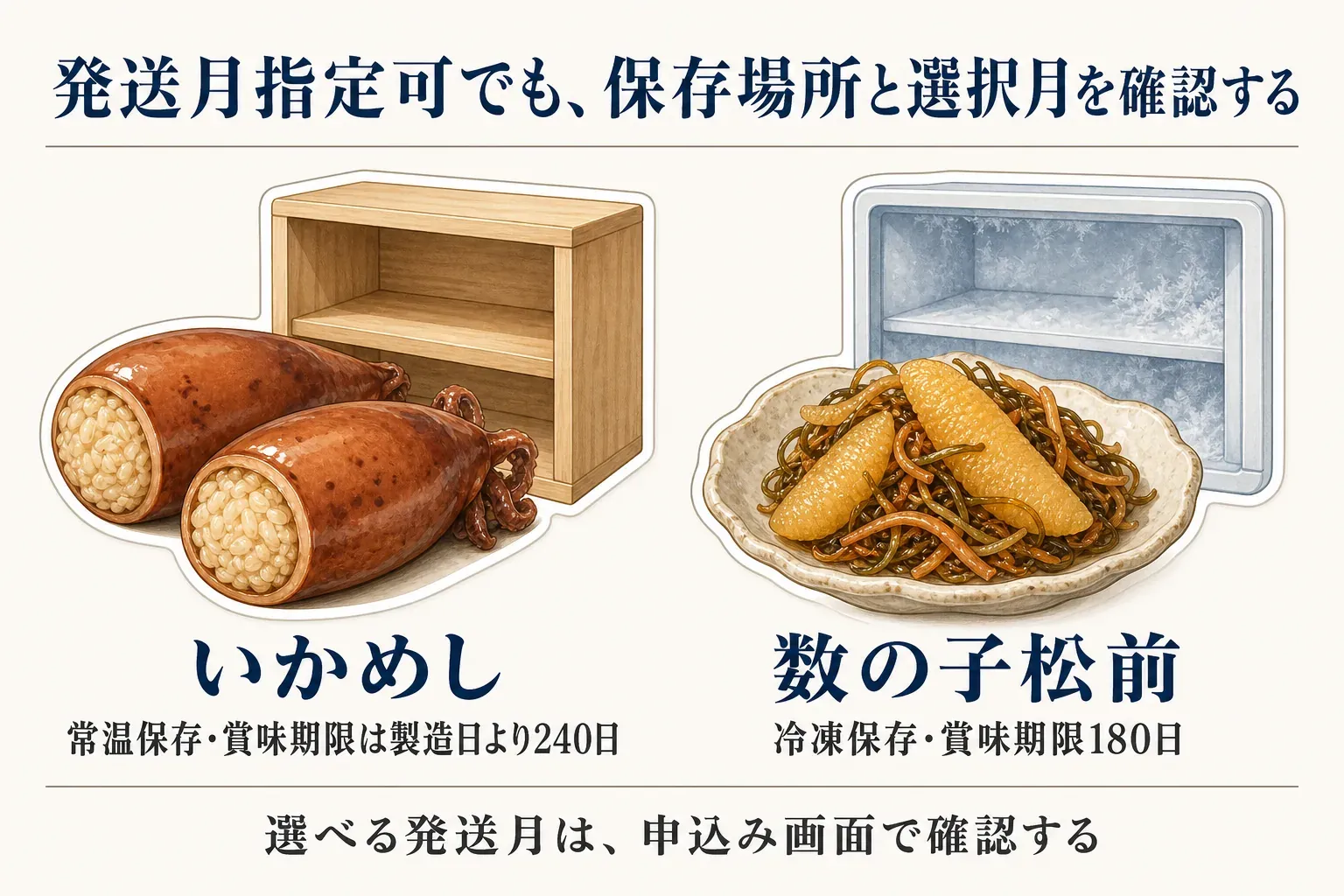 発送月指定可でも選択月と保管場所を確認すること、函館いかめしは常温保存で賞味期限が製造日より240日、数の子松前は冷凍保存で賞味期限が180日であること、選べる発送月は申込み画面で確認することを示す図